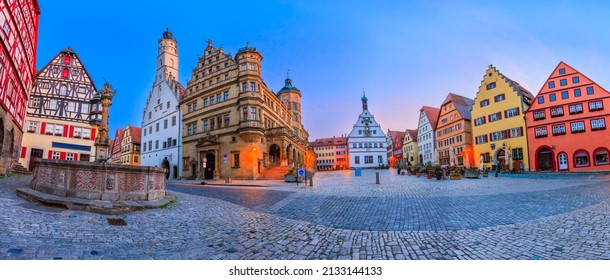 Rothenburg ob der Tauber, Bavaria, Germany. Medieval town of Rothenburg. Panorama of the Market Square (Marktplatz).