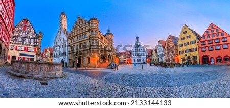 Rothenburg ob der Tauber, Bavaria, Germany. Medieval town of Rothenburg. Panorama of the Market Square (Marktplatz).