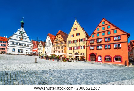 Rothenburg ob der Tauber, Germany. Main square (Marktplatz or Market Square) of medieval town in Bavaria, panoramic view.