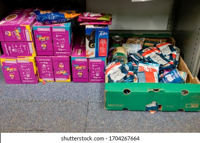 ROTHERHAM, UK - APRIL 14, 2020: Pet, Dog, Cat Food At A Trussell Trust Local Church Food Bank