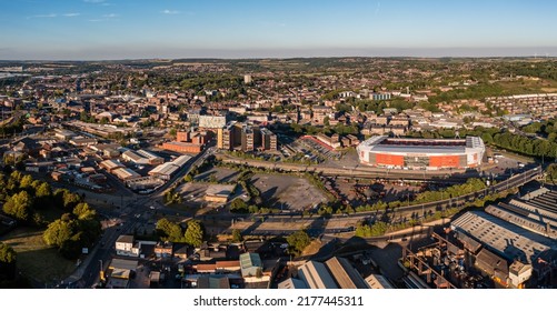 ROTHERHAM, UK - JULY 7, 2022.  An aerial view of Rotherham cityscape in South Yorkshire with The New York Football Stadium which is hosting the Women's Euro 2022 football championships