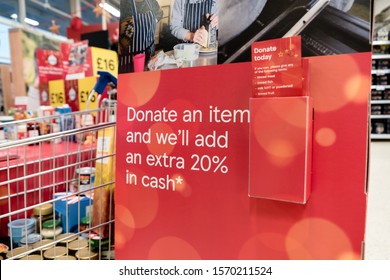 ROTHERHAM, UK – NOVEMBER 22, 2019: Sign And Donation Leaflets At The Tesco Supermarket National Food Bank Collection For Trussell Trust Foodbanks