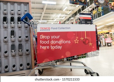 ROTHERHAM, UK – NOVEMBER 22, 2019: A Trolley For Donations At The Tesco Supermarket National Food Bank Collection For Trussell Trust Foodbanks