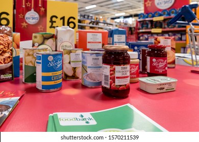 ROTHERHAM, UK – NOVEMBER 22, 2019: A Display Stand At The Tesco Supermarket National Food Bank Collection For Trussell Trust Foodbanks