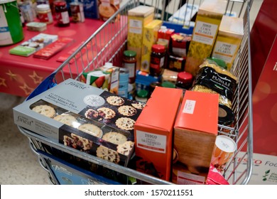 ROTHERHAM, UK – NOVEMBER 22, 2019: A Shopping Trolley With Donations At The National Food Bank Collection For Trussell Trust Foodbanks For Christmas