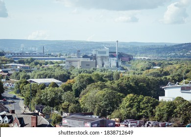 ROTHERHAM, UK – SEPTEMBER 29, 2020: An Elevated Landscape View Over This Northern Town, Showing The Urban Industrial Townscape Including Templeborough Biomass Power Plant Or Station