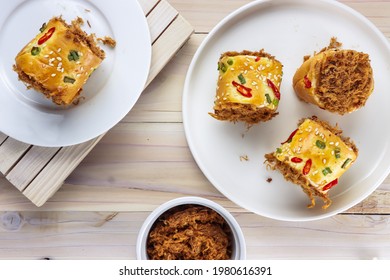 Roti Abon Gulung Or Meat Floss Sweet Bread Roll With Shredded Meat Floss Filling Topped With Green Onions, Chili And Sesame Seeds