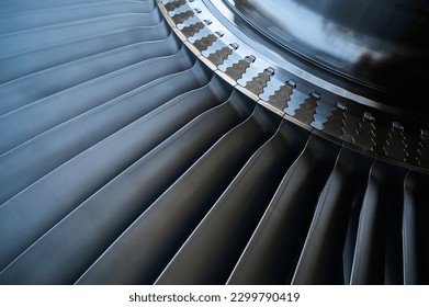 The rotor blades of a modern turbine, a close-up shot of the roots of long blades