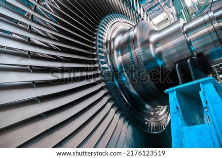 The rotor blades of a modern turbine, a close-up shot of the roots of long blades.