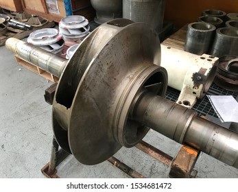 Rotor impeller of centrifugal pump waiting for repair, pump industry process.