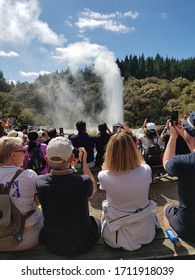 Rotorua, New Zealand - 12 30 2019: A Crowd Of A Lot Of People Waiting For The Show Of Lady Knox Geyser In Rotorua Geothermal Wonderland Park, In Order To Take Pictures And Selfie