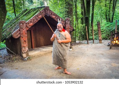 Rotorua, New Zealand - Mar 26, 2018: A Maori Warrior Is Performing The War Dance, Haka, In His Village.