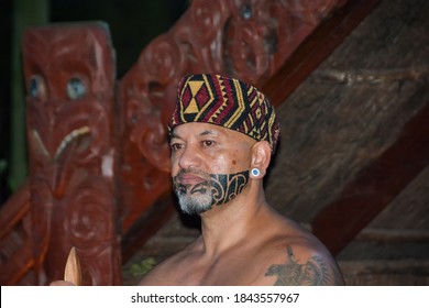 Rotorua, New Zealand-January 2020; Close Up Of A Man In Traditional Outfit Of The Maori, The Indigenous People Of New Zealand