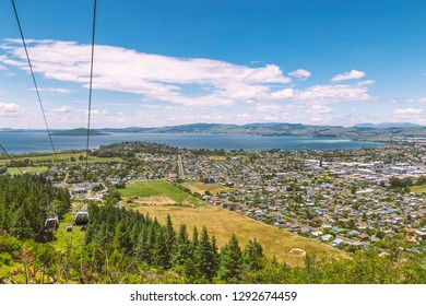 Rotorua Town And Lake View And Cable Car To The Top Of The Hill