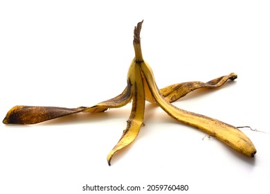 Rotten Banana Peel Isolated On White Background. Food Waste