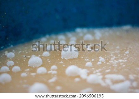 Rotten egg gas bubbles form on the surface of the water caused by the fermentation of waste and food waste in the sealed container.