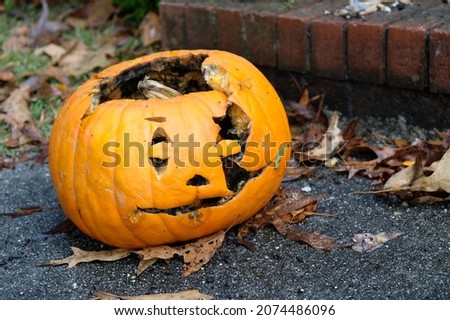 Rotten Jack-O-Landern pumpkin after Halloween