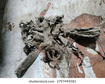 Rotten torn fabric and decayed material attached to old peeling painted wall. Decay and damage concept
