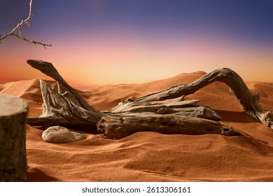 Rotten tree trunks lying randomly on the dry sand. Beside the tree trunks are rough-surfaced rocks. Bent logs placed on the vast sands of the desert. Sky changing colors between purple and pink.