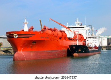 ROTTERDAM - AUG 1, 2014: Oil/Chemical tanker Bow Star moored in the Port of Rotterdam. The port is the largest in Europe and facilitate the needs of a hinterland with 40,000,000 consumers.