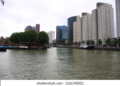 Rotterdam City And Modern Buildings Cityscape During Small Rain. 