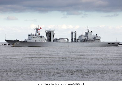 ROTTERDAM - JAN 30, 2015: Chinese Navy Type 903 Replenishment Ship (890) Leaving The Port Of Rotterdam After The First Visit Ever Of The Chinese Navy To The Netherlands.