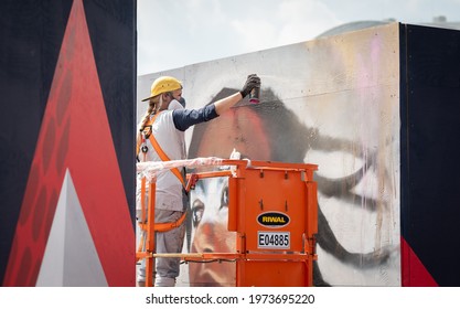 Rotterdam Netherlands 14 May 2021 Female Graffiti Artist At Work For Eurovision Song Contest In Rotterdam