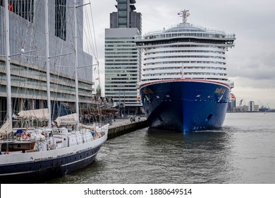 Rotterdam, Netherlands: 2020-12-22: Front view of the bow of the new LNG powered cruise vessel for Carnival Lines, called Mardi Gras during a technical call in the port of Rotterdam, the Netherlands.
