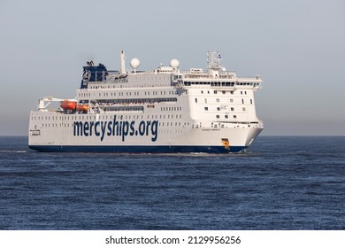 Rotterdam, Netherlands - 2-26-2022: Hospital Ship Global Mercy Of The Mercy Ships Organisation Entering The Port Of Rotterdam