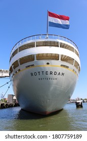 Rotterdam, Netherlands - 3. 7. 2019: A front view of a historical transport ship SS Rotterdam in Rotterdam South, Katendrecht