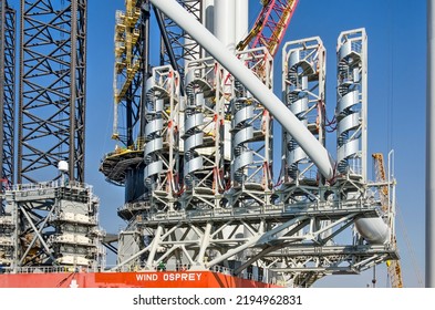 Rotterdam, The Netherlands, August 23, 2022: Section Of An Offshore Construction Ship With A Rack For Transporting Wind Turbine Blades