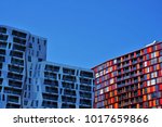 Rotterdam, Netherlands - August 24, 2016: view on the tops of designer apartment buildings  from Pathe Schouwburgplein square