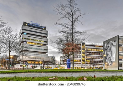 Rotterdam, The Netherlands, December 2, 2016: The Techikon Cluster Of Sports And Education Buildings From The Post-war Reconstruction Era During The Blue Hour