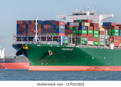 ROTTERDAM, THE NETHERLANDS - FEBRUARY 16, 2018: The Large Container Ship Theseus Arrives At The Maasvlakte, Port Of Rotterdam In The Netherlands On February 16, 2018.