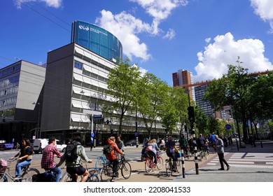 ROTTERDAM, NETHERLANDS - JUNE 9, 2022: Rotterdam Sustainable Urban Landscape With The World Trade Center On The Background