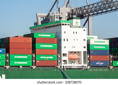 ROTTERDAM, NETHERLANDS - MAR 8, 2011: Evergreen Container Ship Moored In The Port Of Rotterdam.