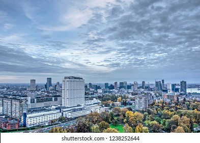 Rotterdam, The Netherlands, November 12, 2018: Aerial View Of The Erasmus MC Hospital And University Campus With The City's Skyline In The Background