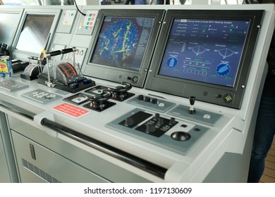 ROTTERDAM, Netherlands - September  10, 2018 : Cabin of captain on the ship board, working place, control panel of industrial cargo ship, captain's pavilion, Ship Control Buttons, closeup photo 