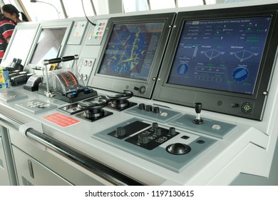 ROTTERDAM, Netherlands - September  10, 2018 : Cabin Of Captain On The Ship Board, Working Place, Control Panel Of Industrial Cargo Ship, Captain's Pavilion, Ship Control Buttons, Closeup Photo 