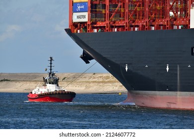 Rotterdam, The Netherlands-Sept 2021: Close Up View Of A Section Of The Bow Of MSC Gulsun Containership With Red Tug Boat In Front; Maiden Call In Rotterdam