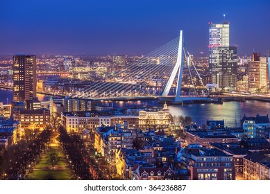 Rotterdam skyline with Erasmus bridge at twilight as seen from the Euromast tower, The Netherlands