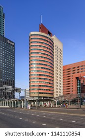 ROTTERDAM-JULY 19. 6, 2018. View On Wilhelmina Tower. The Tower Building Dates From 1997 And Is A Multi-tenant Building Of 16,200 M2 Of Office Space And 185 Parking Spaces Located At Kop Van Zuid.