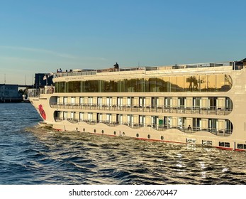 Rotterdan, Netherlands - August 2022: Front Of The Luxury River Cruise Ship Arosa Sena Sailing At Sunset Near Rotterdam.