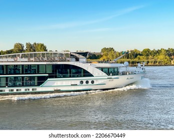 Rotterdan, Netherlands - August 2022: Front Of A Luxury River Cruise Ship Sailing Near Rotterdam.