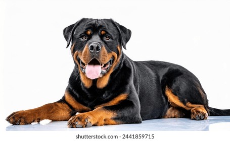 Rottweiler dog - Canis lupus familiaris - black and orange color large breed domestic animal isolated on white background panting with tongue out - Powered by Shutterstock