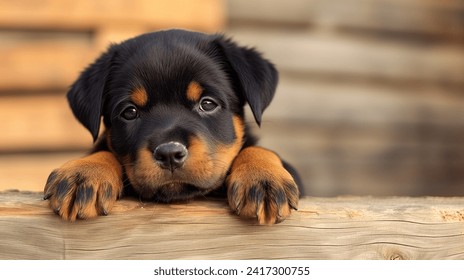 Rottweiler Puppy with paws over edge, gazing over fence. - Powered by Shutterstock