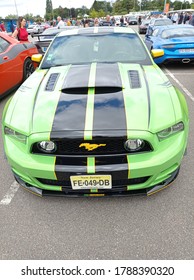 Rouen, France -  02 August 2020 : Green And Black Ford Mustang Front At Car Show