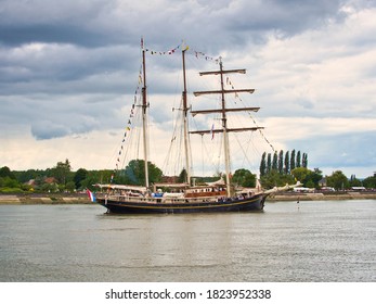 ROUEN, FRANCE - JUNE Circa, 2019. The Gulden Leeuw, Three Masted Topsail Schooner On The Seine River For Armada Festival. Named Golden Lion, Used For Research In Marine Biology. Owned To Danish Naval 