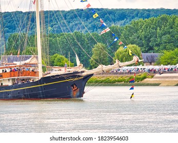 ROUEN, FRANCE - JUNE Circa, 2019. Part Of The Gulden Leeuw, Three Masted Topsail Schooner On The Seine River For Armada Festival. Named Golden Lion, Used For Research In Marine Biology.