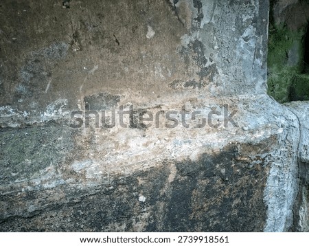 Rough, aged concrete structure features prominent lines of efflorescence, dark staining, and patches of green biological growth.